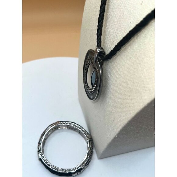 Retro Black Teardrop Pendant Necklace & Silver Bracelet Set   B42 - Picture 8 of 14